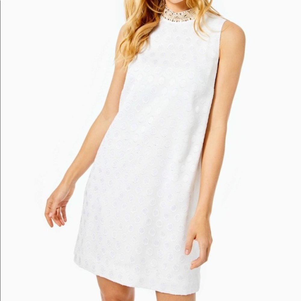 NWT Lilly Pulitzer Brandi Beaded Shift Dress Resort White Foil Printed Dot 10